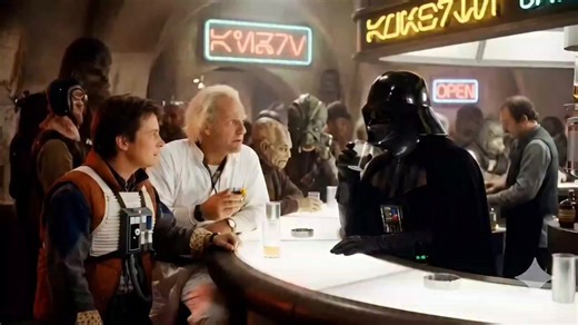 When Doc and Marty accidentally overshot the timeline… they didn’t land in 2015. They landed in a galaxy far, far away. Neon signs in alien language. Strange creatures at the bar. And right across from them — the most dramatic customer in the universe, calmly sipping his drink. Marty looks around, confused. “No burgers? No cola? No arcade machines? Doc… what kind of future is this?!” Doc adjusts his glasses, devastated. “All our progress… and nobody saved the good stuff?” Sometimes the future is