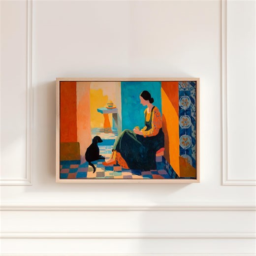 Woman With Black Dog Art Print, Colorful Feminine Figurative Painting, Modern Woman Portrait Art, Whimsical Dog Lover Art for Living Room - Etsy