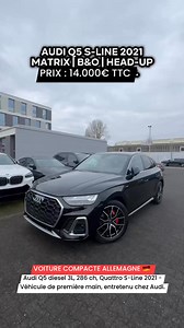 PRIX : 14.000€ TTC Audi Q5 diesel 3L, 286 ch, Quattro S-Line 2021 - Véhicule de première main, entretenu chez Audi.Nous présentons une superbe Audi Q5 diesel 3L de 2021, avec 286 ch et 4xElle est équipée de phares Matrix LED, de jantes Audi Sport 20 pouces, d'un intérieur en cuir brun foncé avec sièges sport et fonction massage, d'un système audio Bang & Olufsen, d'un cockpit virtuel, d'un mode sport, d'une aide thermique, d'un régulateur adaptatif, d'un affichage tête haute, d'une clim tri-zone