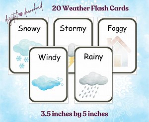 Weather Flashcards for Kids | 20 Weather Cards | Seasons & Temperature | Preschool Homeschool Printable | Watercolor Themed - Etsy Canada