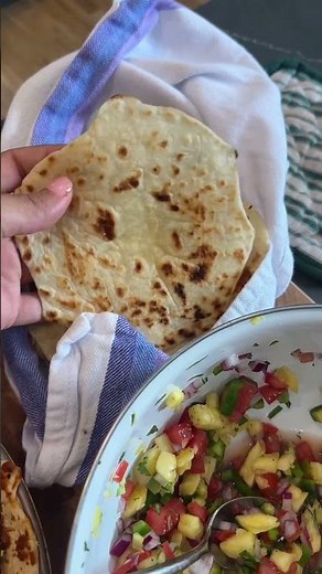 easy dinner idea: baked al pastor cod, spicy pineapple salsa, homemade tortillas, and cilantro lime