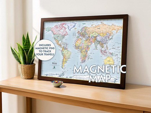 Personalized Magnetic World Travel Map With Pins – Framed Wall Art for Tracking Travels - Etsy