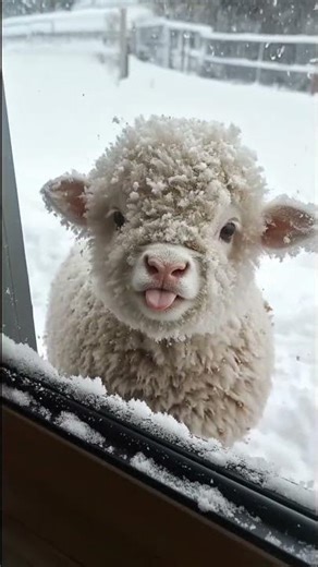 A cute little Sheep 🐑 😍 looking inside the house 🏡 in snow