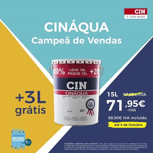A tinta Campeã de Vendas da CIN está outra vez com um preço muito especial! Aproveite já e até dia 4 de Outubro leve ainda 3L grátis de Cináqua na compra de uma embalagem de 15L. Encontre-a já, numa loja perto de si: bit.ly/Lojas_CIN 😉 Esperamos por si. | CIN