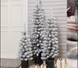 LuxenHome Set of 3 Slim Flocked Christmas Tree, 3’ 4’ 5’ Unlit Small Christmas Tree Snow Flocked Artificial Trees with Pots for Indoor, Outdoor Christmas Decorations