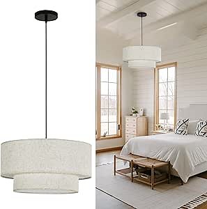 Linen Drum Pendant Light, 18” Double Drum Light Fixture with Modern Fabric Lampshade, 3-Light Linen Chandeliers for Dining Room, Bedroom