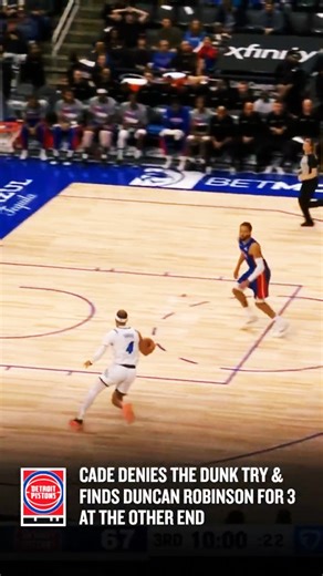 Cade denies the dunk try & finds Duncan Robinson for 3 at the other end 🛑🎯🔥