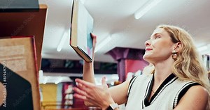 Girl, research and choice of book in library, studying and knowledge for assignment, college and goal. Store, discount and learning for writing project, university student and information for reading