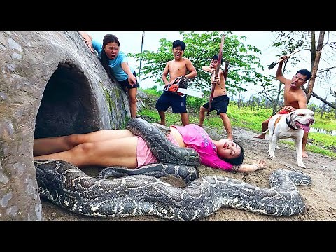 Horrifying! 4 Brave Hunters and Pitbull Rescue Ethnic Girl from 2 Ferocious Giant Pythons Attack