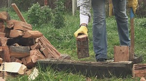Lumberjack cutting wood logs with axe, man splitting firewood for winter season.