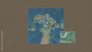 Lithuania area framed and extracted from the global physical map in the van der Grinten I projection with animated oblique transformation