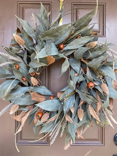 28” Modern Farm Wreath for Fall Winter Spring or Summer. Earth Tone Rust Color Seed Pods. Green and Copper Leafs With Grey Tan Pampas Grass. - Etsy