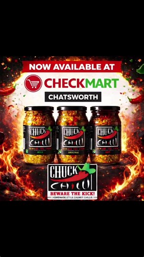 📢 Exciting News, Chatsworth! Chuck Chilli is now available at Check Mart 🛒🌶️ Our homemade-style chunky chillis are packed with flavour and serious heat. Whether you prefer Mild, Original or Hot, one thing is guaranteed… 🔥 Beware The Kick! 🔥 Head over to Check Mart Chatsworth today and add the perfect kick to your meals. Thank you for supporting local brands ❤️ Tag someone who loves chillies!! 👆🏽 #ChuckChilli #BewareTheKick #CheckMart #DurbanFoodies