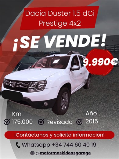 🚙 Dacia Duster 1.5 dCi Prestige 4x2 (2015) – ¡Robusto, espacioso y económico! ✅ Solo 170.000 km reales y bien cuidados ✅ Motor diésel 1.5 dCi – bajo consumo y gran fiabilidad ⛽ ✅ Acabado Prestige: techo panorámico 🌤️, climatizador, pantalla multimedia, sensores de aparcamiento… ✅ Ideal para ciudad, carretera y escapadas off-road suaves 🏞️ ✅ ITV recién pasada y mantenimiento al día 📋 ✅ Gran espacio interior y maletero XXL 🧳 📲 ¡Llámame o escríbeme para verlo o probarlo sin compromiso! 📍Disp