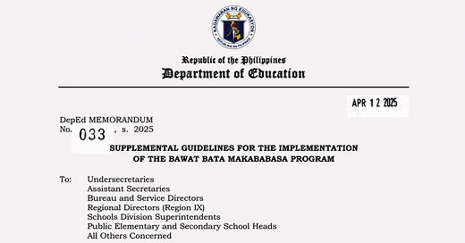 DepEd Memorandum 033, s. 2025 - Supplemental Guidelines for the Implementation of the Bawat Bata Makababasa Program