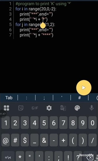 printing K through loop using * in python. #viral #coding #shorts