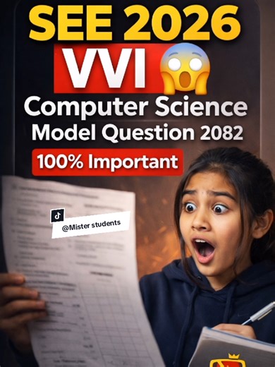 Class 10 Computer Science VVI Model Question 2082 with Solutions | SEE 2026 Most Important by Mister StudentsClass 10 Computer Science VVI Model Question 2082 with Solutions | SEE 2026 Most Important by Mister Students @MisterStudents Full Solutions Video Link:-https://youtu.be/1Vj9zd8JW0g Description Are you preparing for SEE 2026? This video brings you Class 10 Computer Science VVI Model Question 2082 with complete and easy solutions. All important and repeated questions are explained step by 