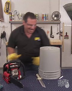 Now that's A LOTTA damage! 💪 Phil Swift takes a knife and chainsaw to a bucket to demonstrate the power of Flex Seal®! Stay glued to see how Phil fills the holes with Flex Seal the rubberized sealant spray coating that sprays out as a liquid, seeps into cracks and holes and dries to a watertight, flexible coating. It’s the easy way to coat, seal, and stop leaks fast. | Flex Seal
