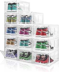 Upgraded X-Large Shoe Organizer,12 Pack,Shoe Box Clear Plastic Stackable,Drop Front Shoe Box with Door, Shoe Containers For Sneaker Display,Fit up to US Size12 (Clear)