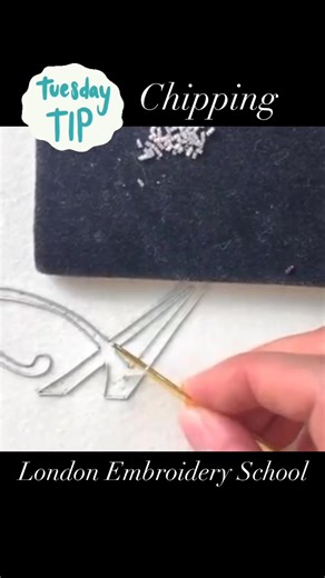 2.1K views · 29 reactions | Tuesday Pro Tip: Chip work is an amazing, dazzling filling method in goldwork embroidery. Note: A laying tool and permission to be random is especially helpful. .....#londonembroideryschool #protips #tuesdaytips #embroidery #chipping #layingtool #threads #needles #goldwork #mellor #chipwork | London Embroidery School | Facebook