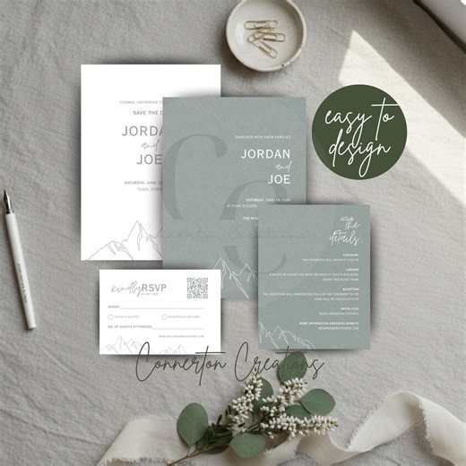 Minimalist Mountain Wedding Invitation Suite, Modern Forest Theme (digital Template) - Etsy