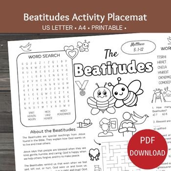 Beatitudes Activity Placemat, Sunday School Lesson, Sermon on the Mount Puzzles
