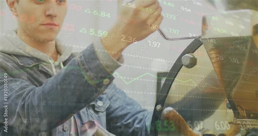 Animation of stock market data processing over male barista preparing coffee at a cafe