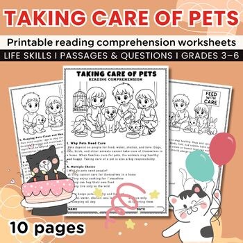 Taking Care of Pets Reading Comprehension Worksheets, Passages with Questions