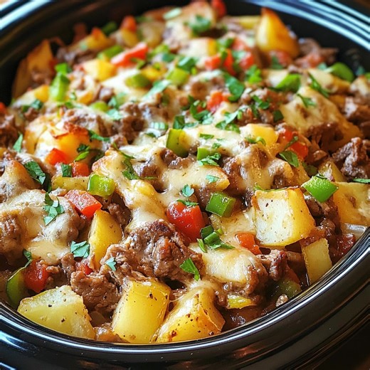 Ultimate Comfort: Crockpot Cheesesteak Potato Casserole ❤️ All the flavors of a Philly cheesesteak — tender beef, melty cheese, and potatoes — baked into a creamy, slow-cooked casserole. Perfect for busy nights, potlucks, or when you just want that cozy, indulgent dinner! 🥔🧀 🛒 Ingredients: Beef & veggies: 1½ lb (680 g) thinly sliced beef (ribeye, sirloin, or pre-sliced stew meat) 1 medium onion, diced 1 green bell pepper, diced 1 red bell pepper, diced 2 cloves garlic, minced 1 tbsp olive oil