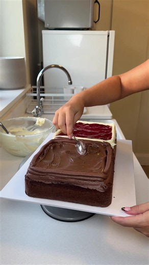My HEAVIEST cake ever… nearly 6KG 😳🎂 Double-stacked with Nutella & jam 🍫🍓 #cake #baker #decor #howtotiktok #fyp