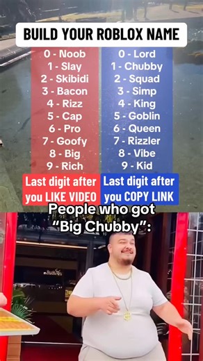 Nic on Instagram: "Thanks for watching 😭🔥 Build your Roblox name and pray you didn’t get cooked… “Big Chubby” is CRAZY 💀💀 Song used: Skibidi – Little Big #memes #meme #roblox #robloxmemes #funny #funnymemes #shorts #fyp #namegenerator #skibidi"