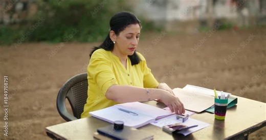 Indian mature busy woman sitting on chair hold pen writing notes check file read paper data rural area female staff use inkpad do stamping duty work at village field visit count cash day ground place