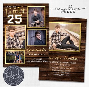 Dark Wood Rustic Graduation Invitation, Gold Personalized Photo Announcement, Template, Digital or Printed, Instant Edit & Download - Etsy