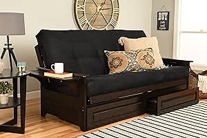 Phoenix Full Size Futon Couch with Espresso Finish with Suede Black Mattress Included - Wooden Frame - Solid Hardwood Construction