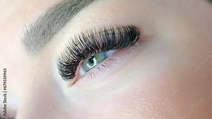 Close up of eye with eyelash extensions ,beauty salon treatment ,2d volume, 3d volume, classical lashes,Russian volume,megavolume, new set.