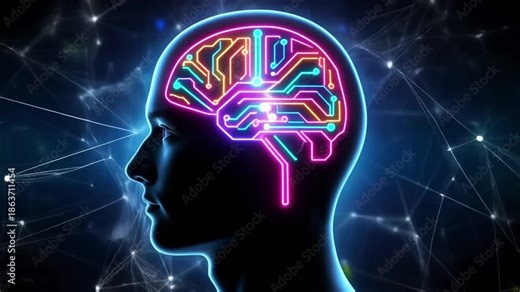 A neon circuit brain glows inside a human profile, merging cognition with digital neural networks.