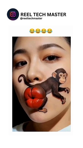 Reeltechmaster on Instagram: "The reel features a 16-second video of a woman with detailed monkey face paint encircling her red lips, creating an illusion of the primate smoking as she exhales vapour, paired with the poster's string of laughing emojis for emphasis. Shared on 4 January 2026 by @jilijllll , a vocal Al Ahly football fan, it quickly amassed over 8,800 likes and 899,000 views, demonstrating how surreal makeup transformations drive viral engagement on instagram Replies mirror the post