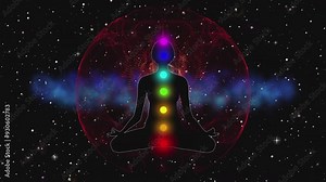 female shape sits in meditation, aura enlightenment in 3D animation: esoteric patterns, chakra energy, and fantasy, seamless loop animation Stock Video