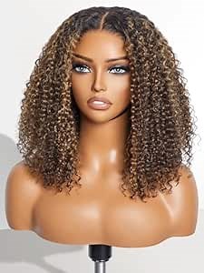 LUVME HAIR 14″ Highlight Kinky Curly Glueless Wig Human Hair Pre Cut 5x5 HD Lace Closure Wig Pre Plucked Dark Brown Short Curly Bob Wig Human Hair For Women