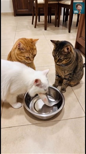 Sneaky White Cat Steals Fish While Two Cats Start a Fight