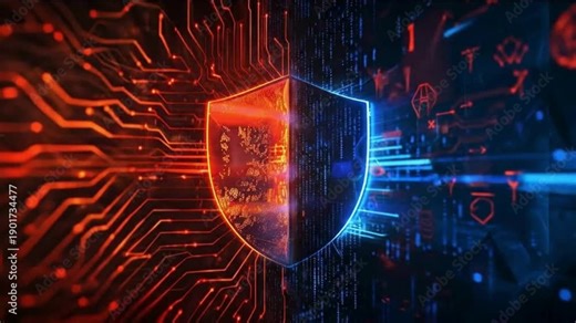 Cybersecurity Duality: Hardware vs. Software Defense | Digital Shield Visualization – Protecting Critical Infrastructure in 2026 | Zero Trust Architecture Embodied as Split-Tone Holographic Guard
