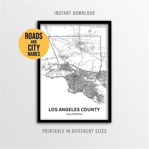 Los Angeles County Map Poster, Printable California Road Map With City Names (instant Download) - Etsy