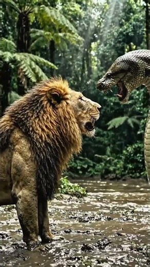 Giant Anaconda Ambushes Lion From Above #lion #animals #wildlife