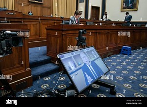 Washington, United States Of America. 29th July, 2020. Amazon CEO Jeff Bezos speaks via video conference during an Antitrust, Commercial and Administrative Law Subcommittee hearing, on Capitol Hill, in Washington, Wednesday, July 29, 2020, on "Online platforms and market power. Examining the dominance of Amazon, Facebook, Google and Apple"Credit: Graeme Jennings/Pool via CNP Photo via Credit: Newscom/Alamy Live News Stock Photo - Alamy