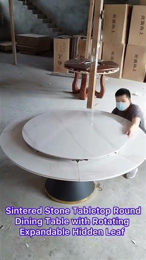 Sintered Stone Tabletop Round Dining Table with Rotating Expandable Hidden Leaf White
