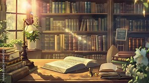 illustration of books in a library with floral decoration. fantasy or mystery cartoon painting style. Smooth and repeating animated background