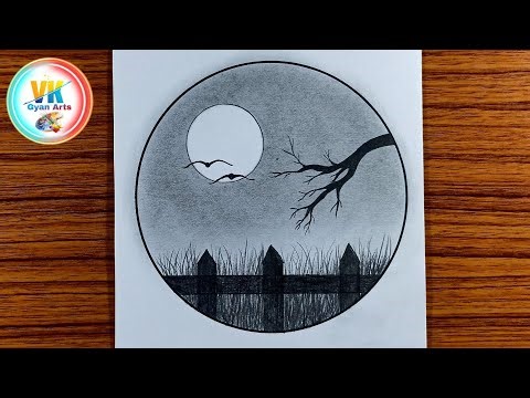 Very Easy Sunset Circle Scenery Drawing || Sunset Scenery Drawing For Beginners