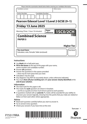Pearson EDEXCEL GCSE Combined Science Chemistry Paper 2 Higher Tier 2025