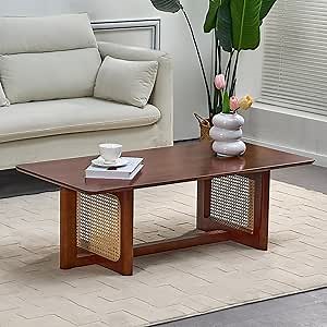 Rattan Coffee Table, 42.5 Inch Rectangular Solid Wood Table with PE Rattan Stand for Living Room