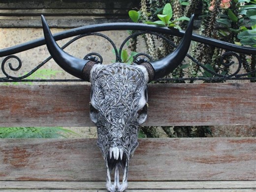 Hand Carved Cow Skull Wall Decor: Floral Engraved, Black & Gray - Etsy